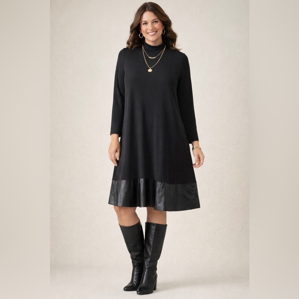 Tiana B Black Mock Neck Dress Sz 14 Long Sleeve Vegan Leather Hem Midi Shift